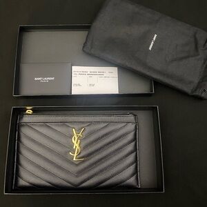 YSL Cassandre Metalasse zipped bill pouch wallet in grain de poudre leather